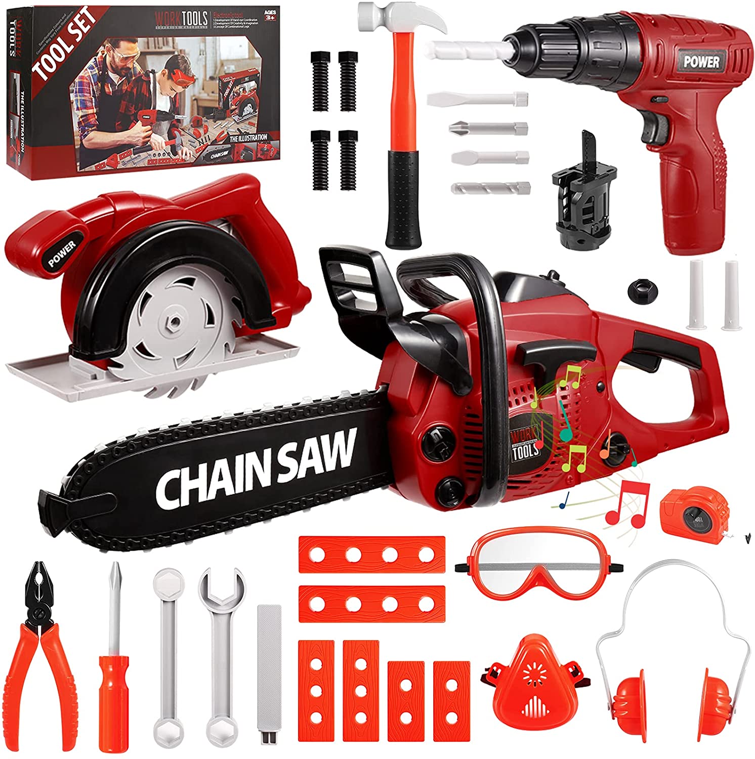 Vextronic 36 PCS Kids Tool Set with Toy Chainsaw Electronic Toy Drill