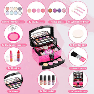 Vextronic Girl Makeup Toy Set 30 Pcs Washable Kids Makeup Kit for Girls, Pretend Play Makeup Kit for Kids, Non-Toxic, Real Cosmetic Toy Beauty Set for Kids Birthday