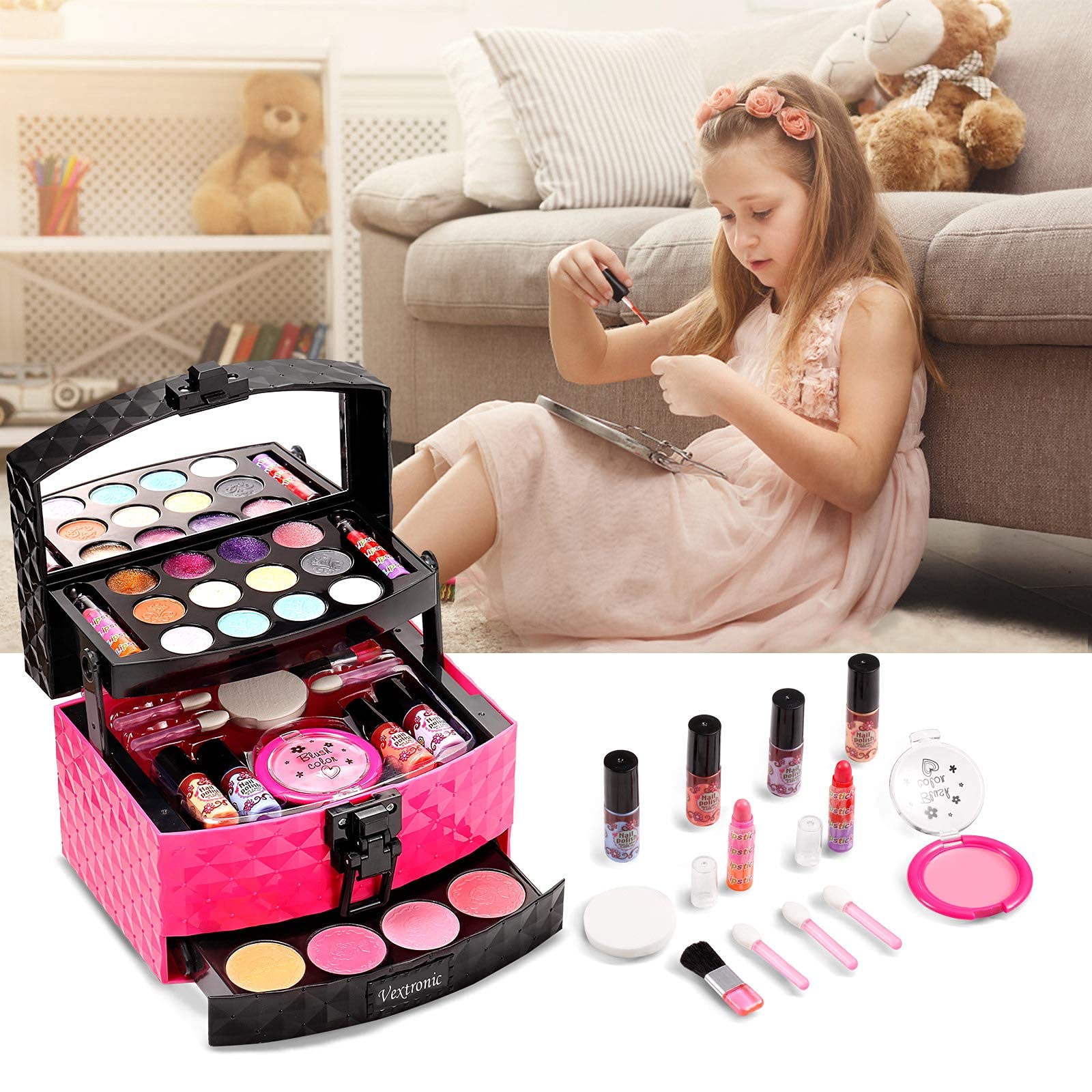 Evjurcn Kids Makeup Toy Kit for Girls Washable Makeup Set Toy Pretend Play Makeup Beauty Set for Toddler Young Children Pretend Play Set Vanity for